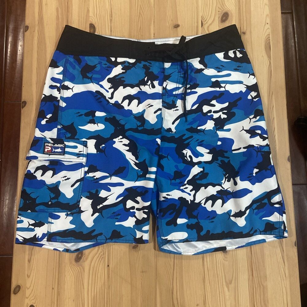 Pelagic Men's Board Shorts 36 High-Performance Fish-Print Camouflage Shorts
